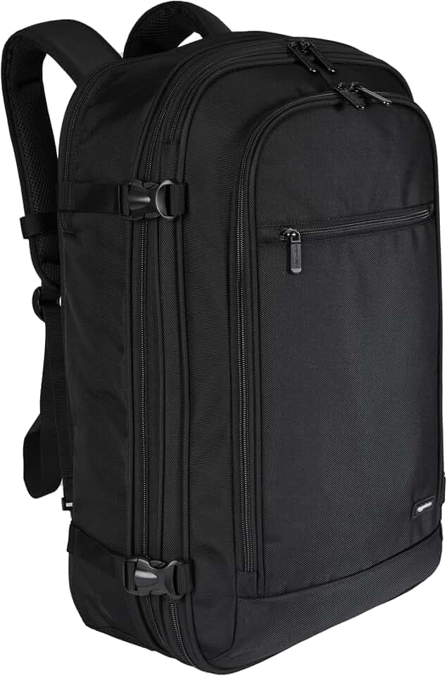 Amazon Basics 44L Reiserucksack, Handgepäck-Kabinentasche (54.6x35x24.1cm), Gepolsterte Träger, 44cm Laptop-Fach, Organisierte Taschen - Schwarz