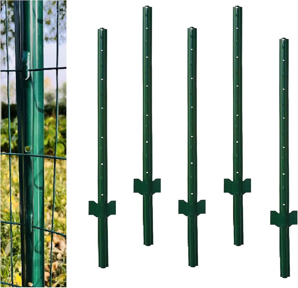 4 Feet Green, Pack of 5 Metal Fence Post, for 36 Inch High Garden Welded Wire Fence U-Channel Steel Garden Post Fence Stake