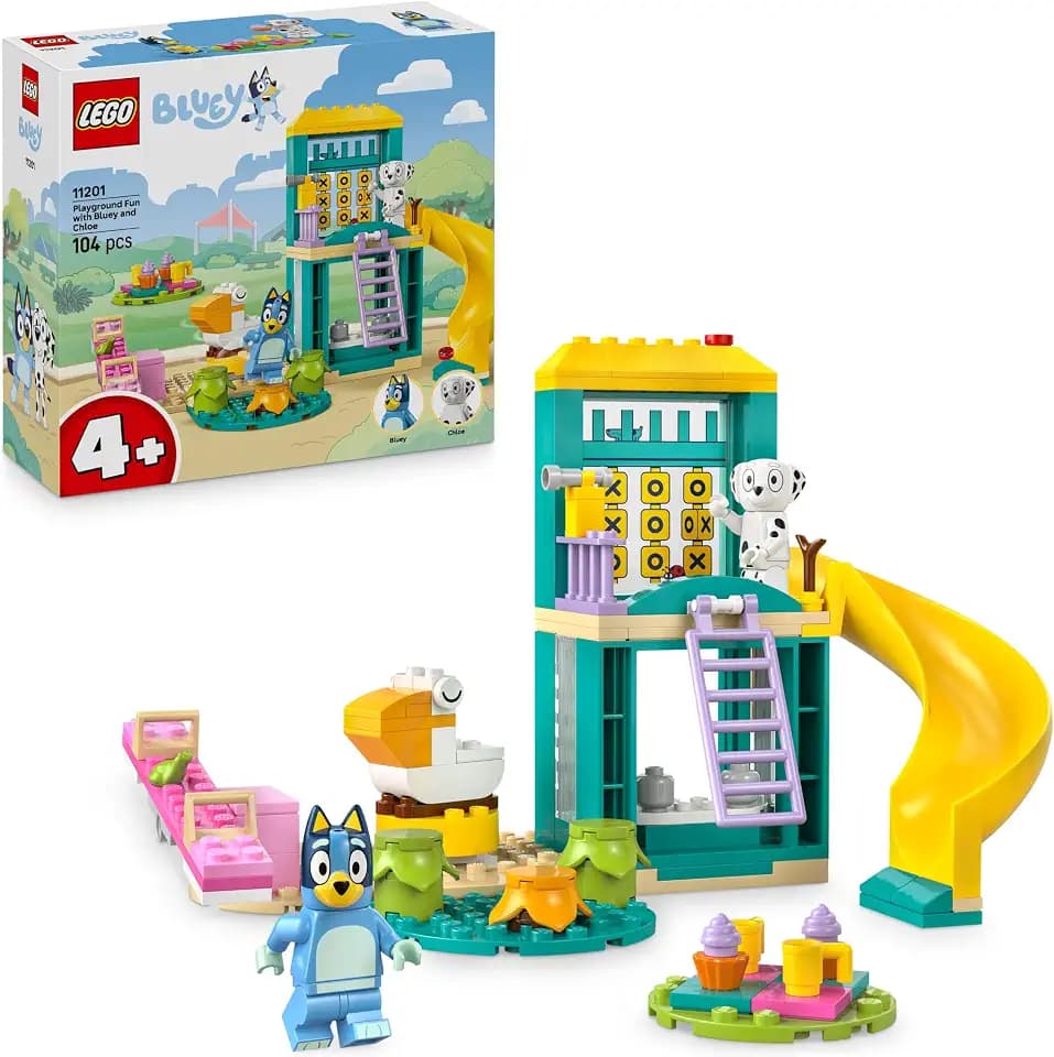 LEGO Bluey: Bluey und Chloe auf dem Spielplatz - Spielzeug für Jungen & Mädchen ab 4 Jahren - 2 Minifiguren, rosa Wippe, Rutsche, Klettergerüst & Pflanzen - Geschenk für Fans der TV-Serie - 11201