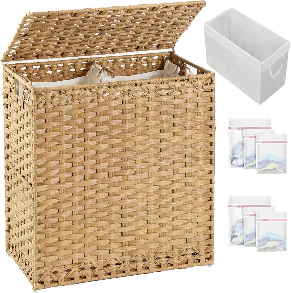SETVSON Laundry Hamper with Lid Wicker Laundry Basket 112L, Natural
