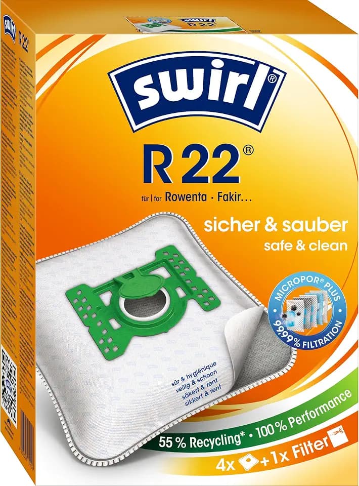 Swirl® R 22® Staubsaugerbeutel für z.B. Fakir, Rowenta, 4 Beutel | Passend für z.B.: Fakir A 110EL, S 250 Supertronic, SC 400 Electronic, S 350 Rowenta RS 590 S Allegro, ZR-76, ZR-765, 4 St.