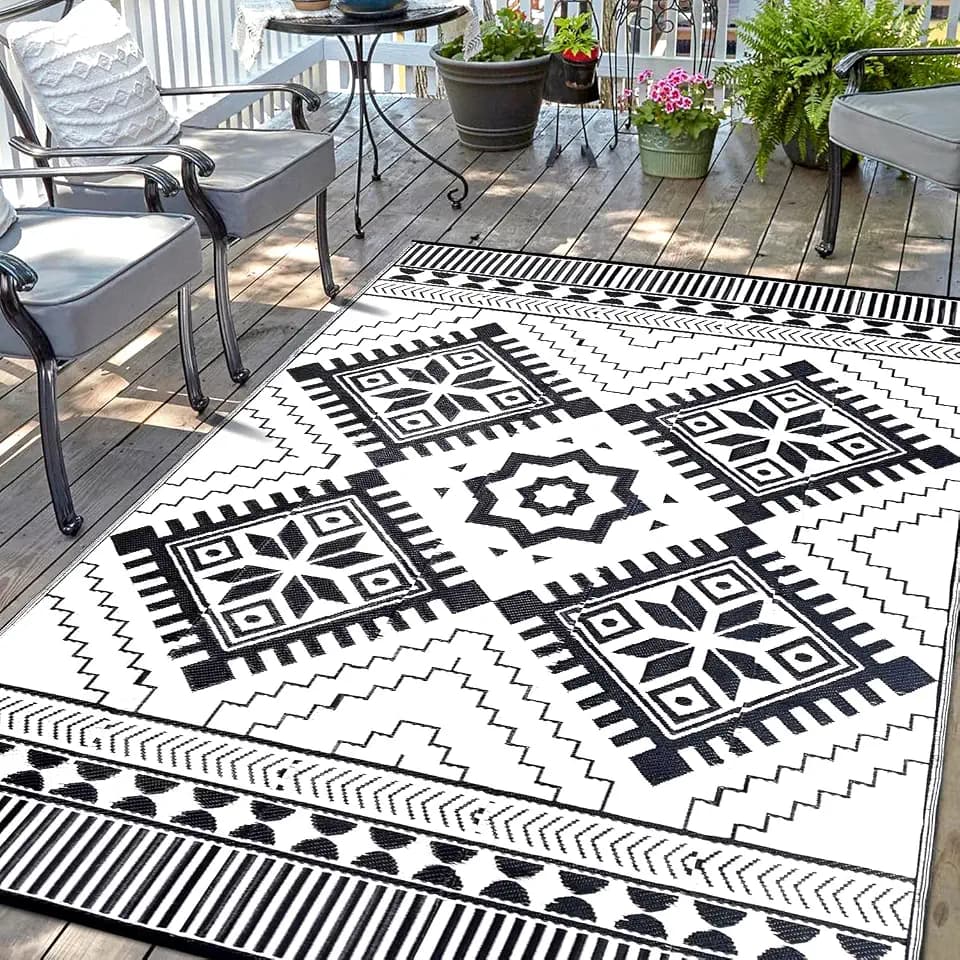 Waterproof Outdoor Rug 6x9ft, Boho Reversible Plastic Straw Mat for Patio RV Deck Porch Backyard Balcony Camping Picnic Beach Indoor Outdoor Carpet, Black&White