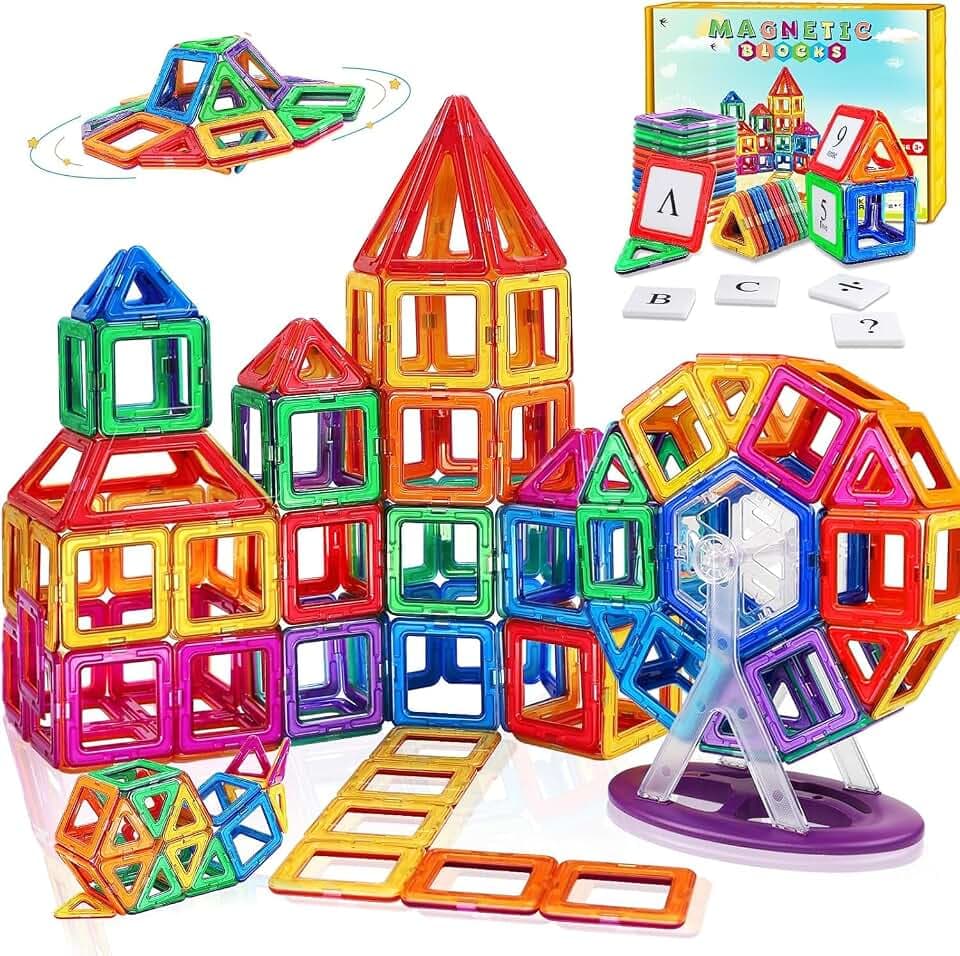 Magnetische Bausteine 95 Stück,Magnete Kinder Spielzeug ab 3 4 5 6 7 8 Jahre Junge Jungen Mädchen Magnetbausteine Magnetspiel mit Buchstaben,Zahlen und Riesenrad，Geburtstagsgeschenke für Kinder