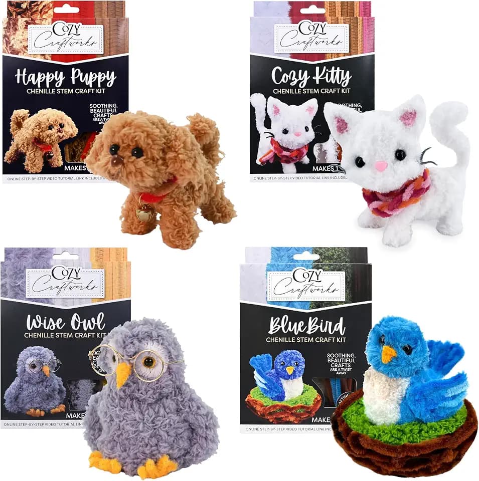 WeVeel Cozy Craftworks Kitty, Puppy, Blue Bird & Owl Chenille Stem Craft Kit Bundle for Teens & Adults – Mindful DIY Animal Craft, Tactile Pipe Cleaner Art Kit with QR Video Tutorials