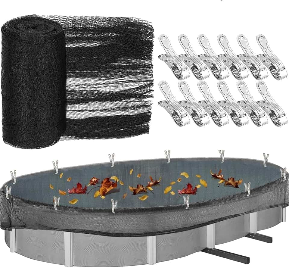 Rechteckige Poolabdeckung, 10x5.5m Teichnetz für Rechteckige Aufstellpools, feinmaschig (12x12mm) Pool Netz mit 12 Metallklammern, idealer Schutz von Schwimmbädern vor runterfallenden Blättern