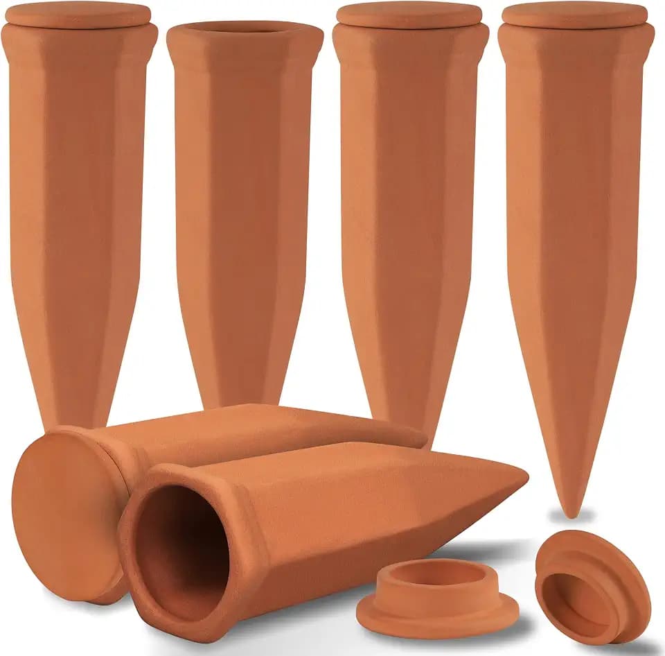 Soilagua Large Terracotta Watering Spikes with Lids, Automatic Plant Waterer Outdoor | Indoor, Vacation Friendly Clay Plant Watering Devices System, Slow Release Self Watering Planter Insert, 6 Pack