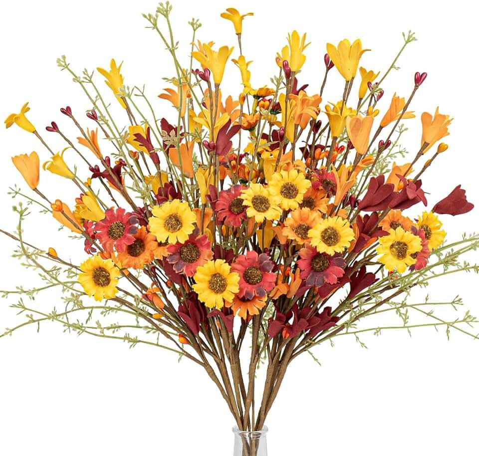 JINGHONG Artificial Fall Flowers 12 Pack Floral Picks 17" Tall Forsythia Stems with Berries for Autumn Flower Arrangements Centerpieces Indoor Outdoor Decorations