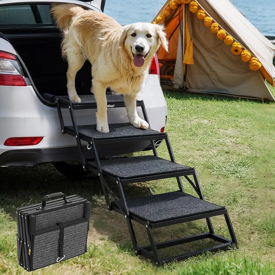 Veehoo Foldable Dog Steps for Car SUV, Collapsible Large Dogs Stairs 17" W