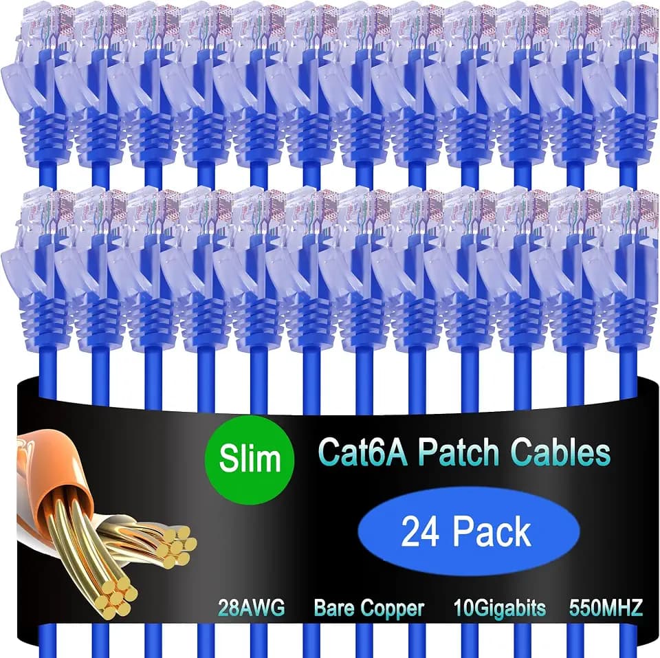 Cat6a Slim Ethernet Patch Cable 1 ft (24 Pack), Cat6a Patch Cable for Data Centers, Cat 6 Cable 10G, Network Patch Cables for Home and Enterprise Network -Blue