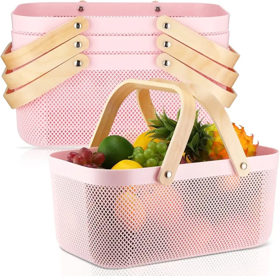 Sadnyy 4 Pcs Plastic Mesh Garden Harvest Basket Storage Basket with Wooden Handle Multi Functional Mesh Bin for Kitchen Cabinet Picnic Fruit Vegetable Gathering Organizer(Large,Pink)