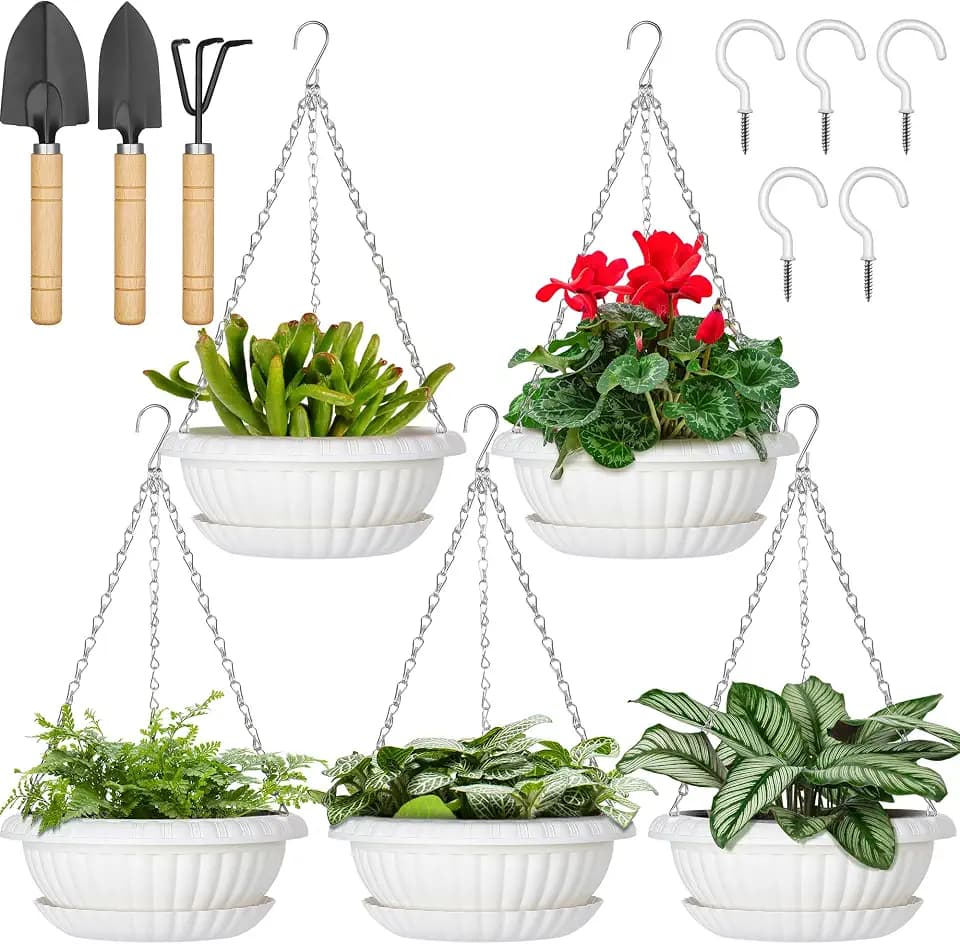 Hanging Planters, 5 Pcs 11" Hanging Pots, White Hanging Flower Pots, Hanging Plant Pots Baskets for Plants with Drainage Trays, Hanging Chains and Ceiling Hooks, Come with Free Garden Tools Set