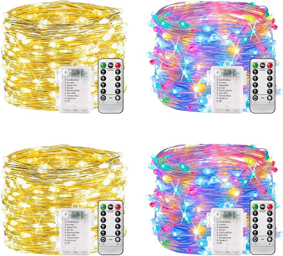 plainshe LED-Lichterketten, Silberdraht, 4 Stück, 10 m, 100 Fernbedienung, 8 Modi, wasserdicht, IP65, Timer, für Hochzeiten, Partys, Weihnachten, Warmweiß + mehrfarbig