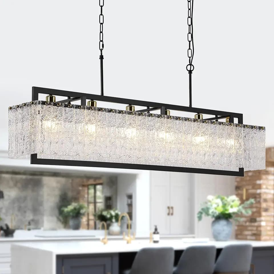 50" Black Crystal Ripple Glass Rectangle Pendant Chandelier 6-Light