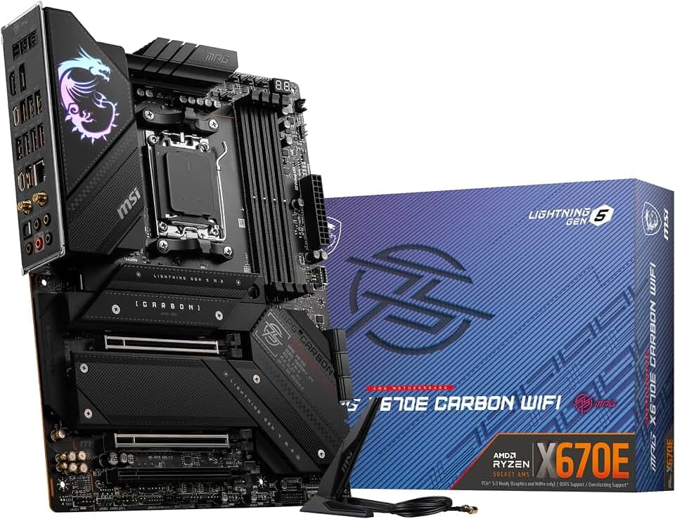 MSI MPG X670E Carbon WiFi Mainboard, ATX - Unterstützt AMD Ryzen 7000 Serie Prozessoren, AM5-18 Duet Rail 90A Power Stage, DDR5 Memory Boost 6600+MHz/OC, 2 x PCIe 5.0 x16, 2 x M.2 Gen5, Wi-Fi 6E
