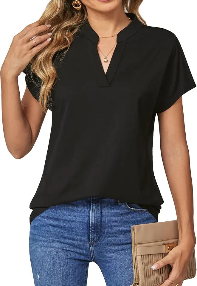DJT Damen V-Ausschnitt Bluse Elegant Gestrickt Kurzarm Blusen Tunika Sommer Oberteile Freizeit T-Shirt Casual Tops