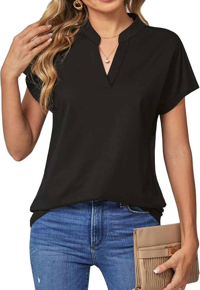 DJT Damen V-Ausschnitt Bluse Elegant Gestrickt Kurzarm Blusen Tunika Sommer Oberteile Freizeit T-Shirt Casual Tops