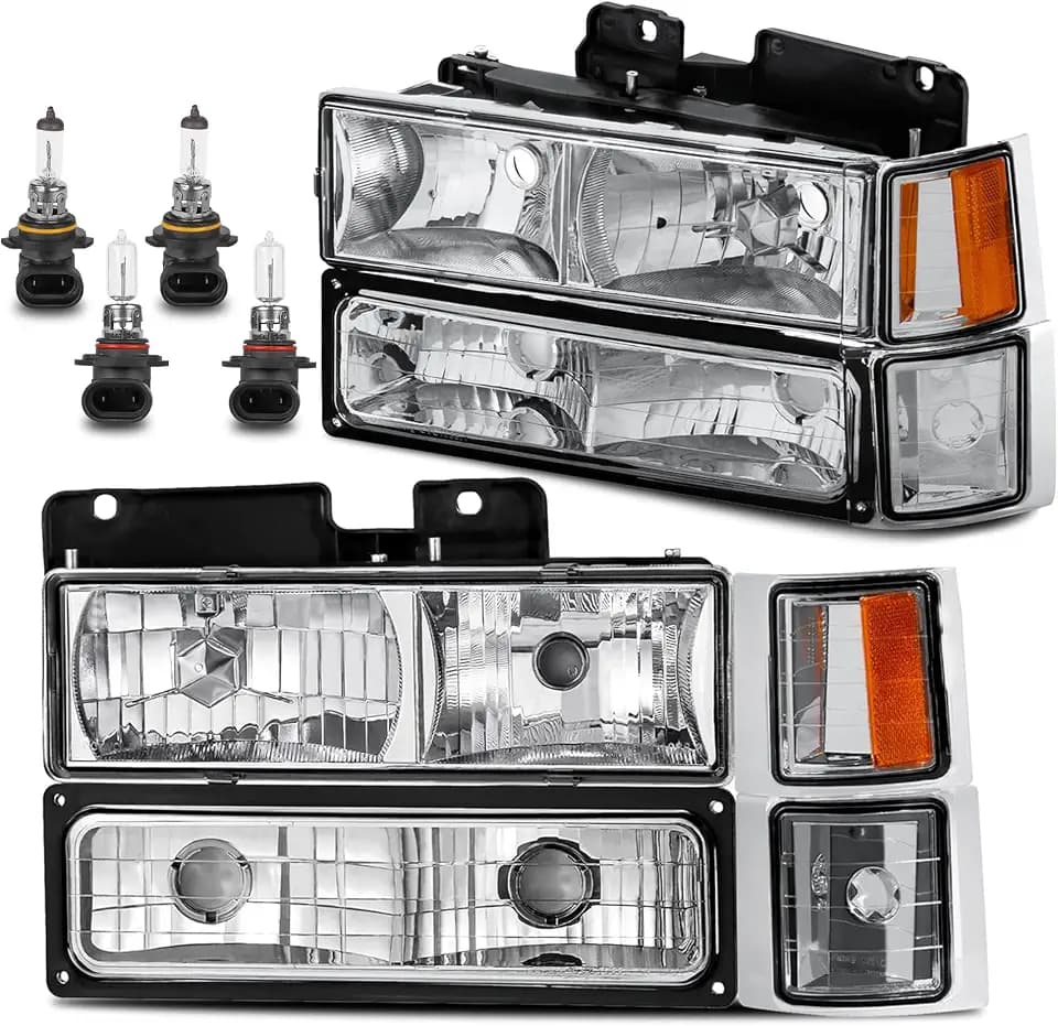 KUIPERAUTO Headlight Assembly Front Lamp w/Corner Light Compatible with 1994-1999 Chevrolet Chevy C10 C/K 1500 2500 3500 Suburban Tahoe with Chrome Housing/Clear Lens/Amber Corner without Bulbs