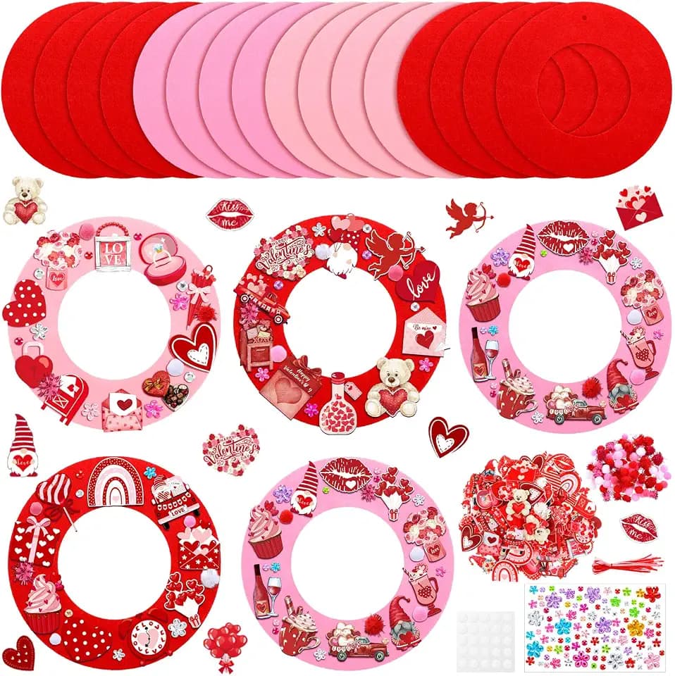 472 Pcs DIY Valentines Crafts Kits Valentines Foam Heart Wreath Crafts with Gnome Truck Bear Stickers DIY Pink Red Hanging Wreath Ornaments for Fun Party Activity Home Decor