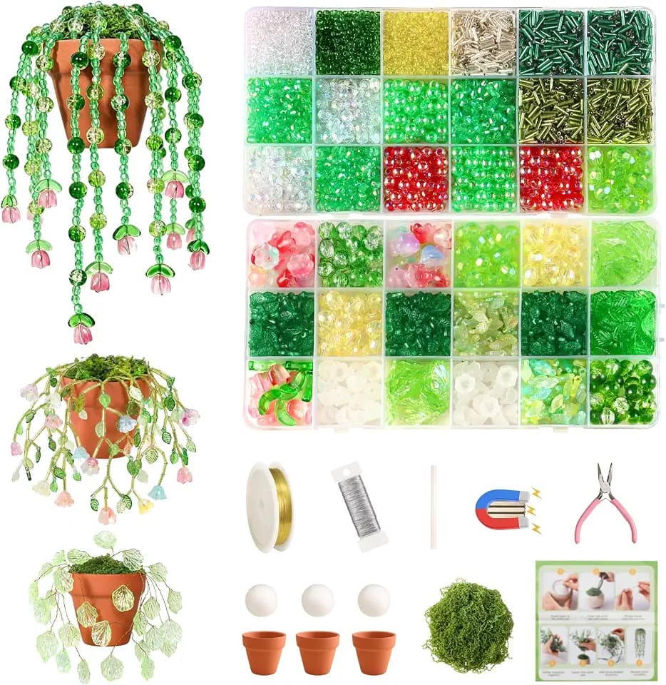 Weldomcor 6385 Stück Grüne Perlen-Set, Glasperlen für Forever Plant mit Tutorials, DIY Perlen zum Auffädeln für Perlenpflanzen, Schmuckherstellung, Sonnenfänger Kristall (mit Topf & Schaumstoffblock)