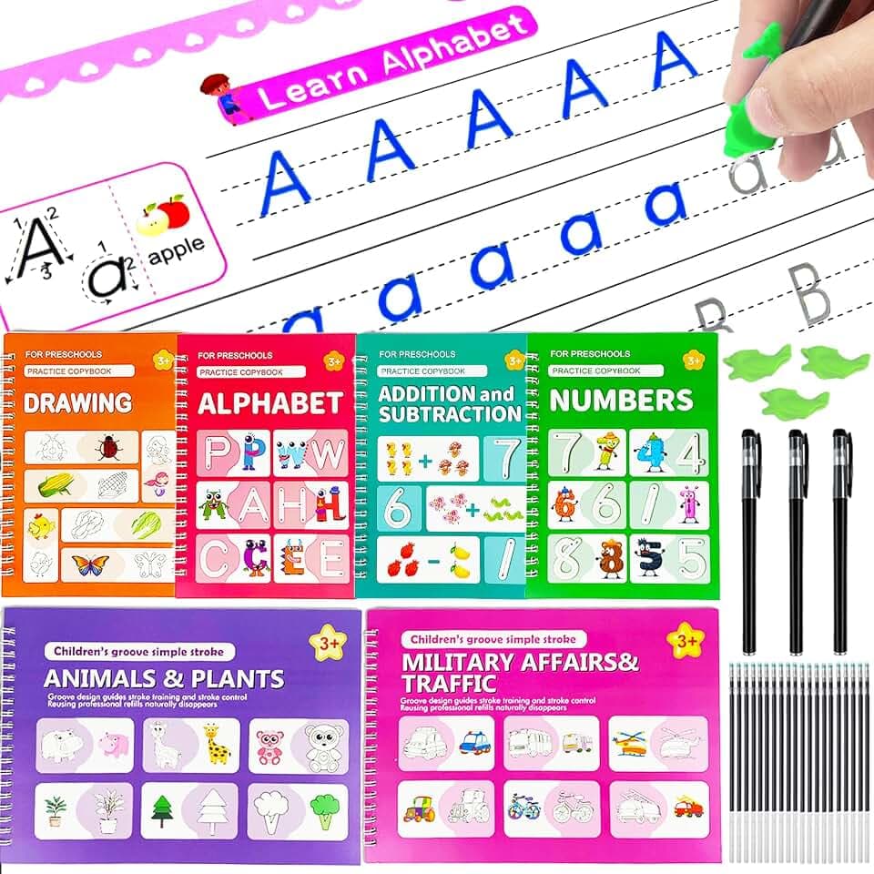 6er-Pack magische Schreibübungshefte mit Rillen, Set mit 6 Heften, 20 Minen, 3 Stifts, wiederverwendbares Lernaktivitätsbuch, Schreibübungshefte für Kinder von 3 +
