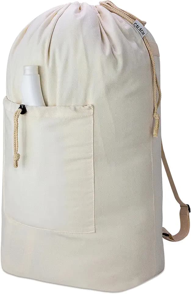 Laundry Bag Backpack, Canvas Laundry Bag with Straps & Drawstring, Beige XL
