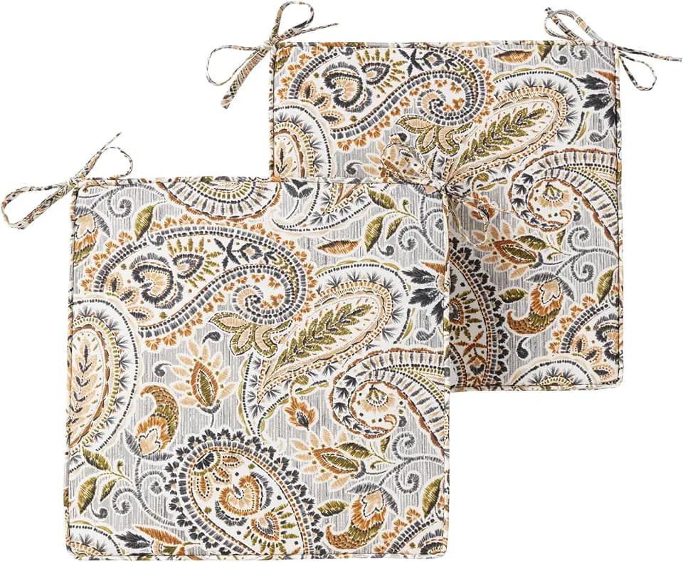 Outdoor 18 inch Square Patio Dining Chair Pads – Comfortable Fiber-Filled Seat Cushions with Ties, Reversible Polyester Fabric - Arctic Paisley, Set of 2