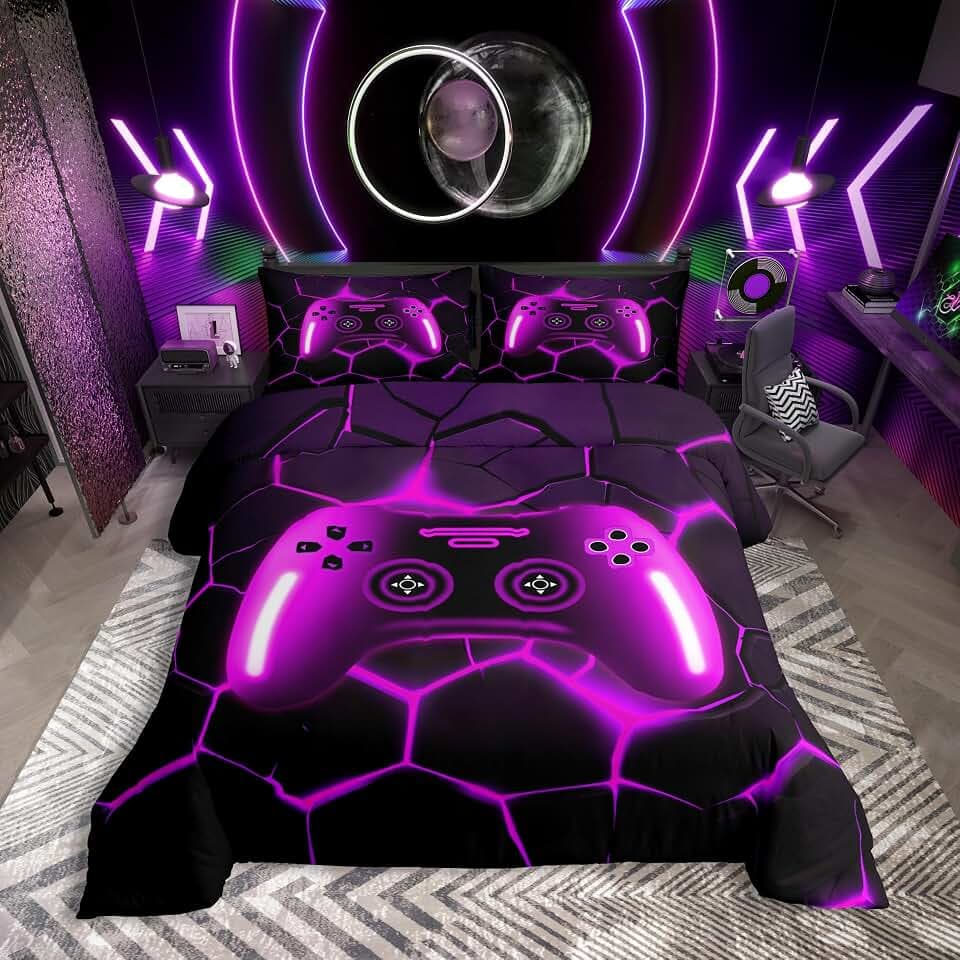 Homewish Gaming Bettbezug Kinder 135x200cm Gamer Bettwäsche für Mädchen Jungen Jugendliche,Bienenstock Sechseck Videospiel Geometrie Bettwäscheset Lila Schwarz Gamepad Waben Bettset Zimmerdekor Weich