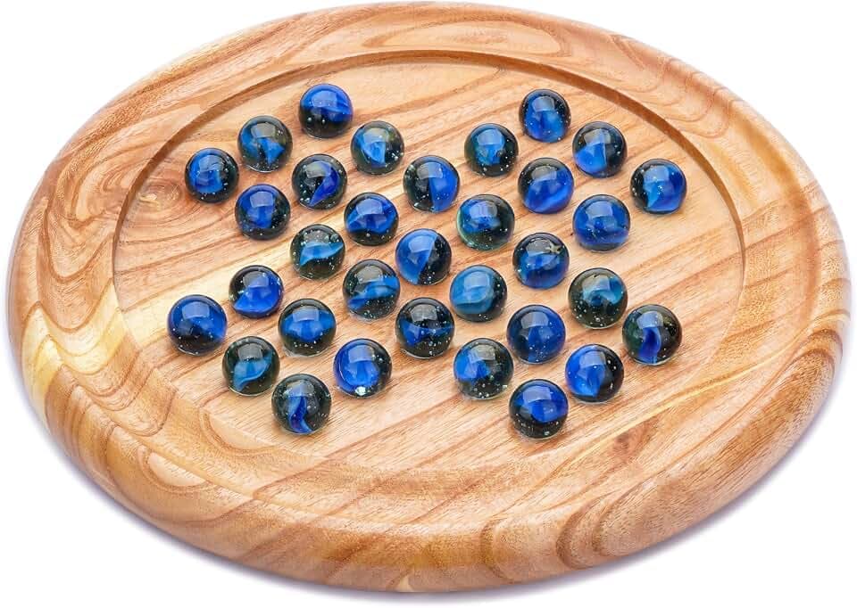 Ajuny Holz Solitaire Brettspiel Klassik Rund 9x9 Zoll Mit 33 Bunten Murmeln
