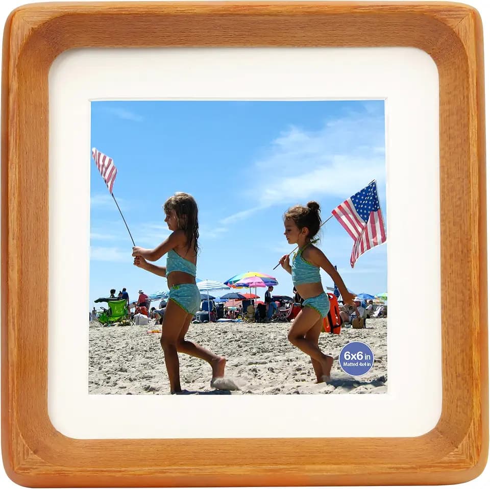 6x6 Square Picture Frames Teak Solid Wood with Real Glass Vertical Horizontal Standing Display Photos 4x4 with Mat or 6x6 Without Mat Lovely Gift for Desk Tabletop Y6F