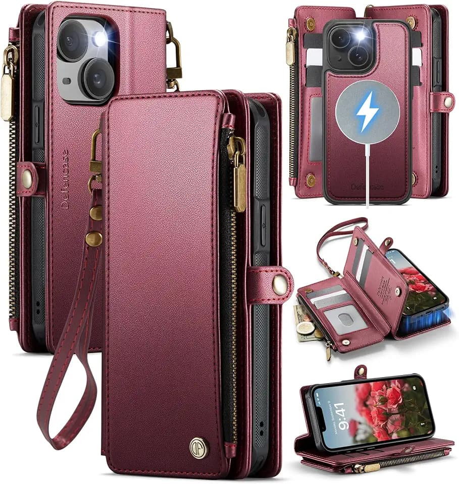 Defencase for iPhone 15 Phone Case Wallet Compatible with Magsafe, Wine Red