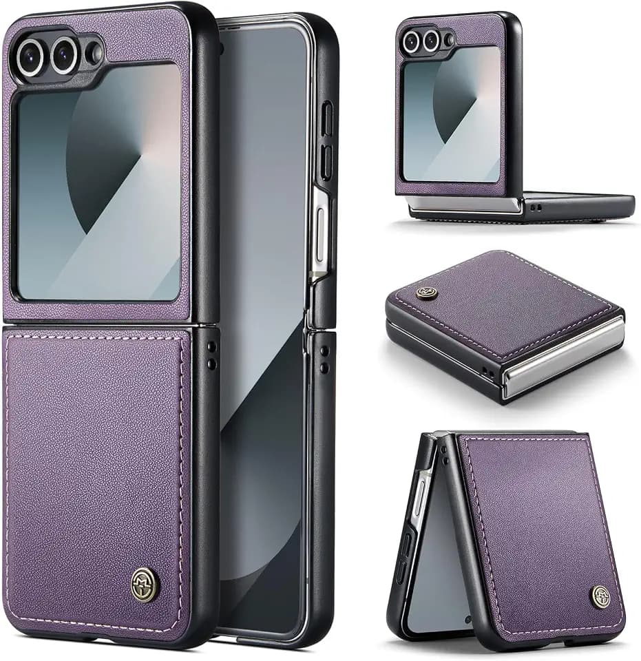 for Samsung Galaxy Z Flip 6 Case, PU Leather and Hard PC Shell Ultra Thin Slim Rugged Protective Anti-Fingerprint Phone Cover for Galaxy Z Flip 6 - Purple