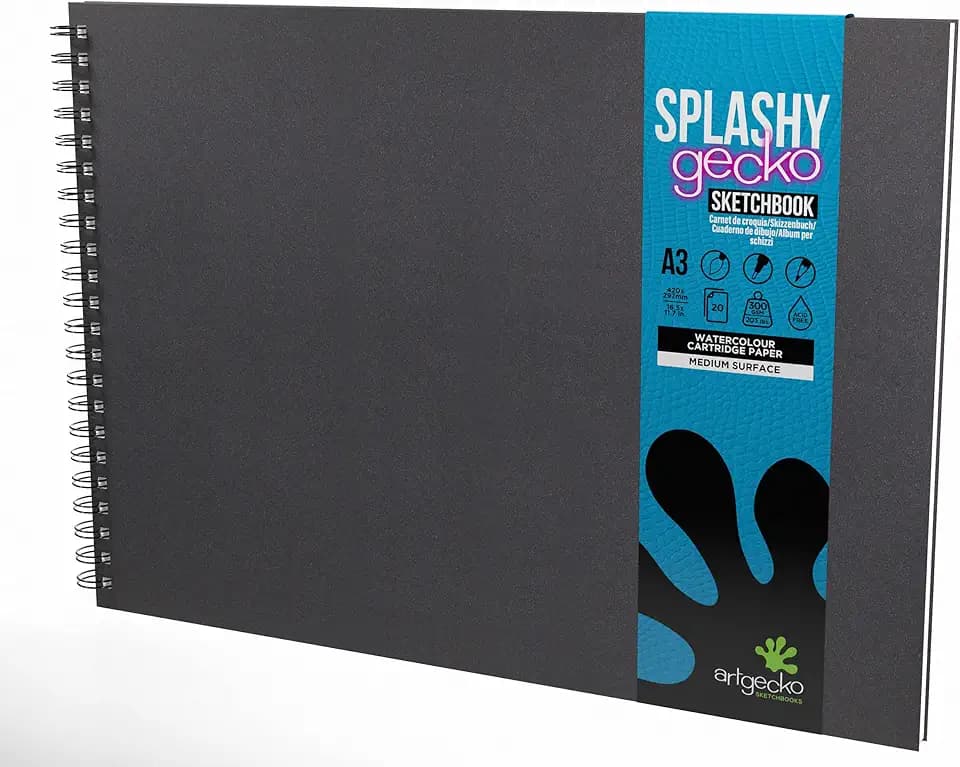 Artgecko Splashy Sketchbook A3 Landscape 40 Pages (20 Sheets) 300gsm Acid Free White Cartridge Paper