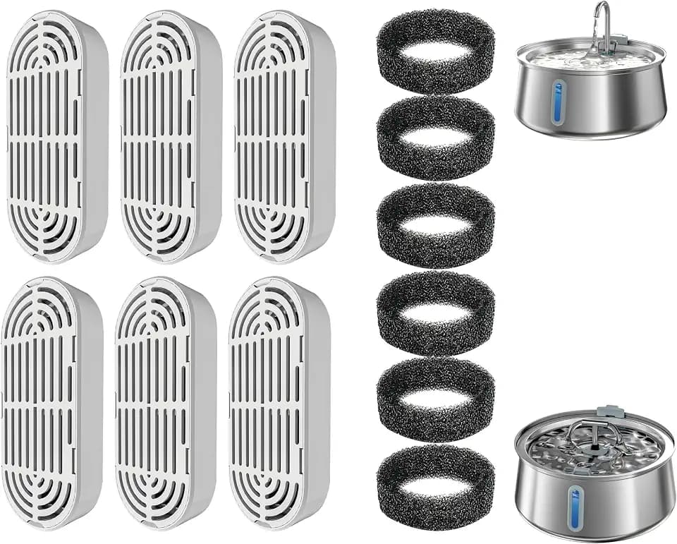 Homtyler 6 Pack Replacement Filters and 6 Pack Replacement Pre-Filter Sponges for 4L/135oz Stainless Steel Pet Water Fountain, Multiple Filtration, Easy to Clean and Replace