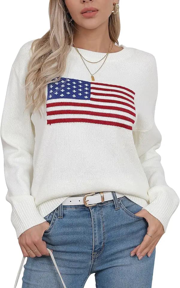 Alsol Lamesa Women’s American Flag Graphic Long Sleeve Pullover Sweaters Crew Neck Casual Knit Top 2024, Medium