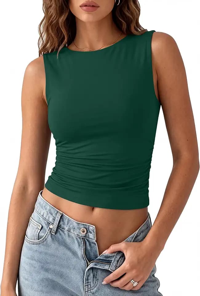 SUUKSESS Women Double Lined Going Out Basic Tank Tops Ruched Summer T Shirts