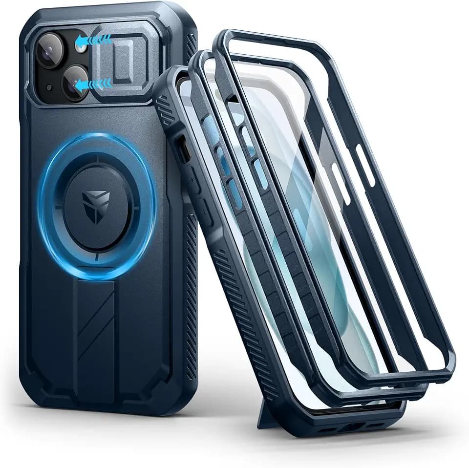 Dexnor for iPhone 15 Case with Slide Camera Cover & Adjustable Kickstand & Built-in Screen Protector, Magnetic Rugged Shockproof Bumper Cases Heavy-Duty Magnetic Protective Cover,Navy Blue