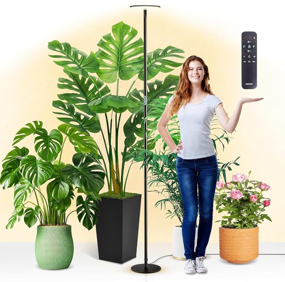 chiphy LED Pflanzenlampe, 216 cm, 40W Vollspektrum, Timer-Funktion, 10 Helligkeitsstufen, Höhenverstellbar, Schwarz, ideal für große hohe Pflanzen