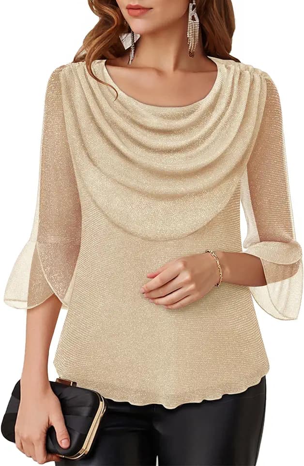 Lotusmile Blouses for Women Dressy Casual 3/4 Sleeve Cowl Neck Evening Tops