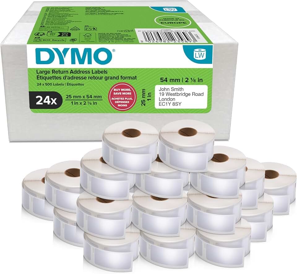 DYMO Original LabelWriter Rücksendeadressetiketten | 25mm x 54mm | 24 Rollen mit je 500 leicht ablösbaren Etiketten (12.000 Stück) | selbstklebend | Beschriftungsgerät für LabelWriter Etikettendrucker