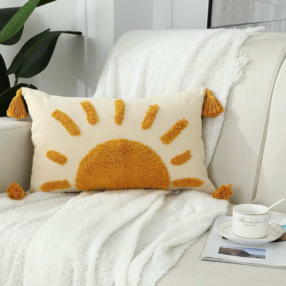Kissenbezug 30x50 Gelb 1er Set Kissenbezüge Kissenhülle Gewebte Getuftete Sonnen-Lendenkissenbezüge mit Quasten Dekokissen Sofakissen Couchkissen Zierkissenbezug Deko Kissenhülle Wohnzimmer