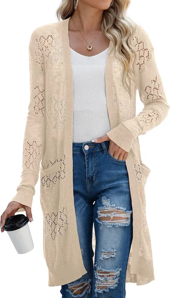 GRECERELLE Womens Lightweight Crochet Knit Long Cardigans Fall Sweaters
