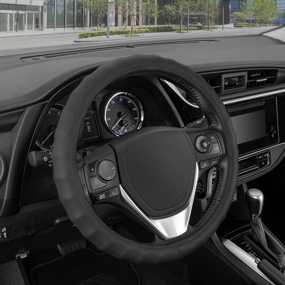 BDK Genuine Black Leather Steering Wheel Cover for Car, Medium (14.5" - 15.5") – Ergonomic Comfort Grip for Men & Women, Car Steering Wheel Cover for Most Vehicles