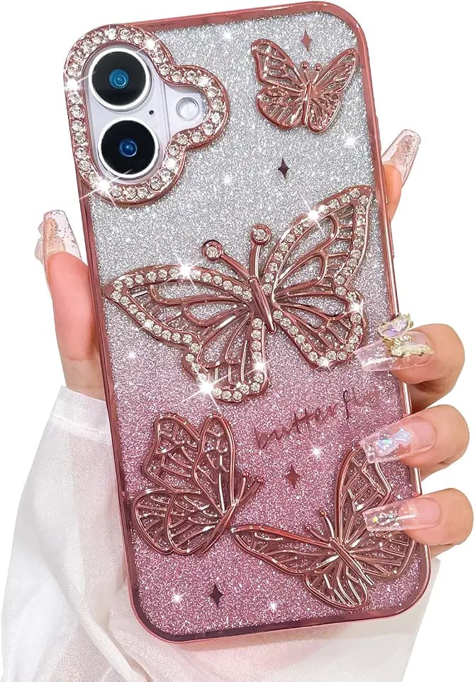 Bonoma Glitter Case for iPhone 16 Plus,Cute 3D Pink Butterfly Pattern