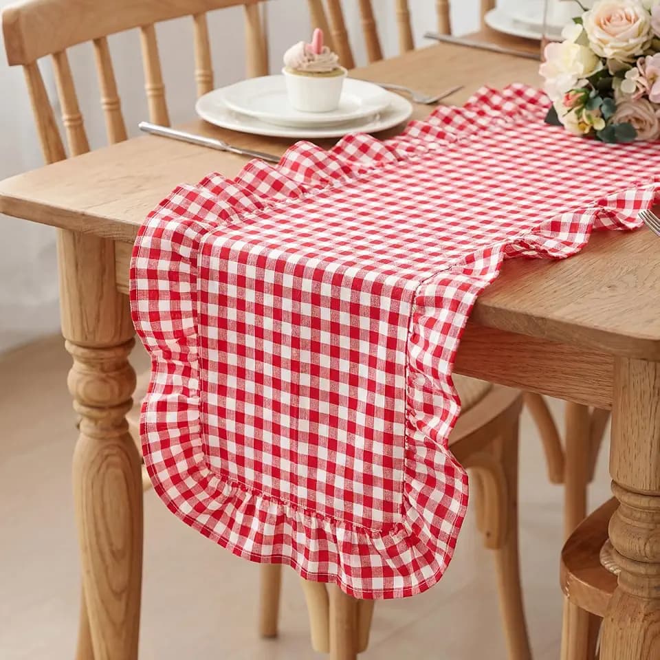 HunnmingRe 1 Pc Gingham Table Runner Red, 118 X 13.8 Inch