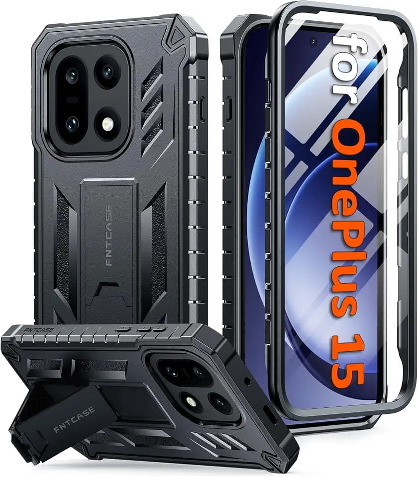 FNTCASE for OnePlus 15 Case, Built-in Screen Protector, Kickstand, Black
