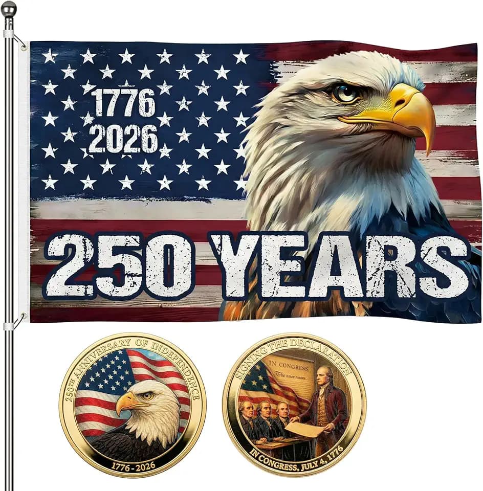 250 Anniversary Usa Flag with 250th Anniversary Challenge Coin 1776-2026,3x5 Ft 250 Years America Flag for Outside Banner Decorations-Outdoor Patriotic Garden Decor