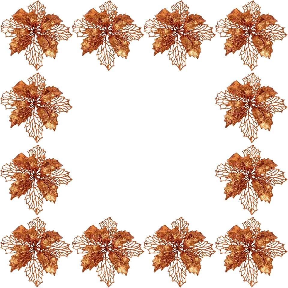 NUOBESTY 12 x Bronze-Glitzer-Weihnachtsstern, künstliche Blumen, Baum- und Tischdekoration, Hochzeits- und Weihnachtsdeko, Polyethylen, Hängend, Weihnachten, Hochzeit