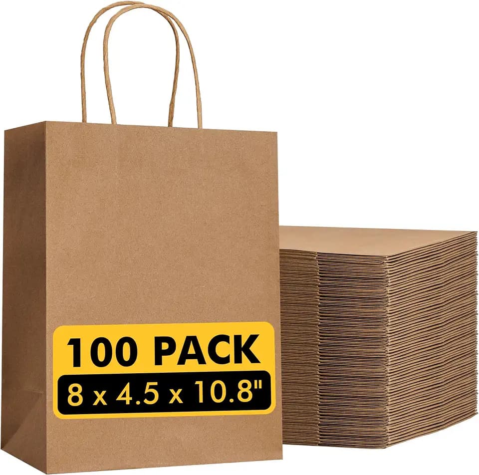 RACETOP 100 Pack Brown Kraft Gift Paper Bags with Handles 8x4.5x10.8 in