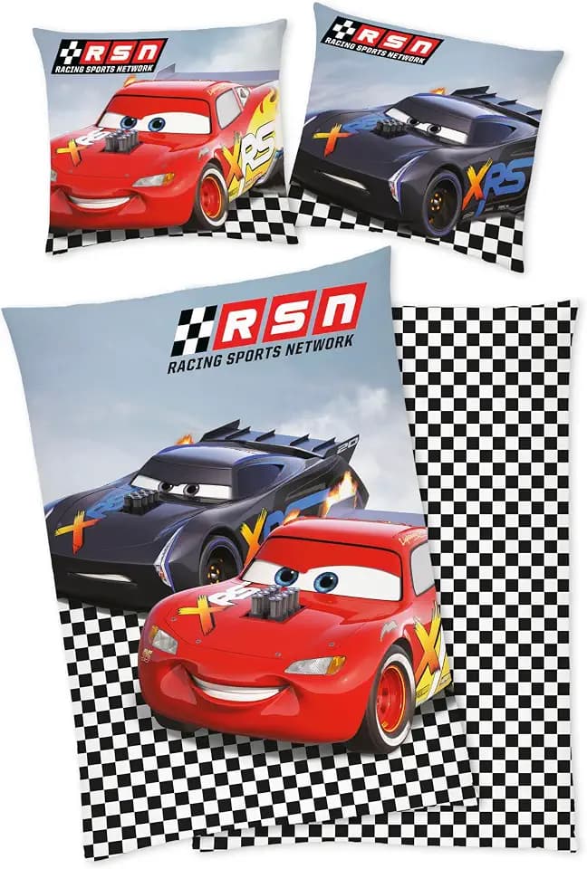 Disney Cars - Auto Bettwäsche 80x80 + 135x200 cm, 100% Baumwolle mit Reißverschluss