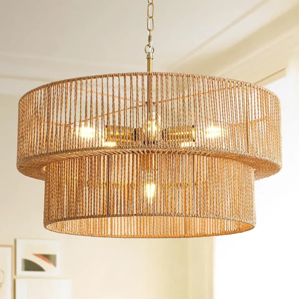 6-Light Rattan Chandelier for Dining Room, 23.6" Boho Pendant Hanging Light